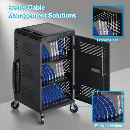 Fully Assembled 30 Unit Device Charging Station for Chromebook, iPad, 14'' Laptop - Pre Built Charging Cart with Charger Cable Management, Circuit Breaker, Grounding Protection (Black)
