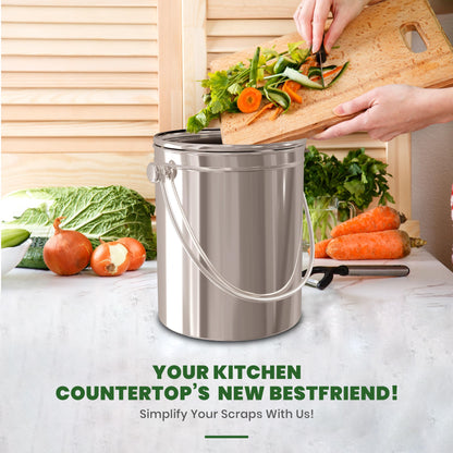 Utopia Kitchen Countertop Compost Bin Kitchen with Charcoal Filter -1.3gallon Stainless Steel Kitchen Compost Bin Countertop - Ideal Kitchen Essentials or Small Composter for Under The Sink Trash