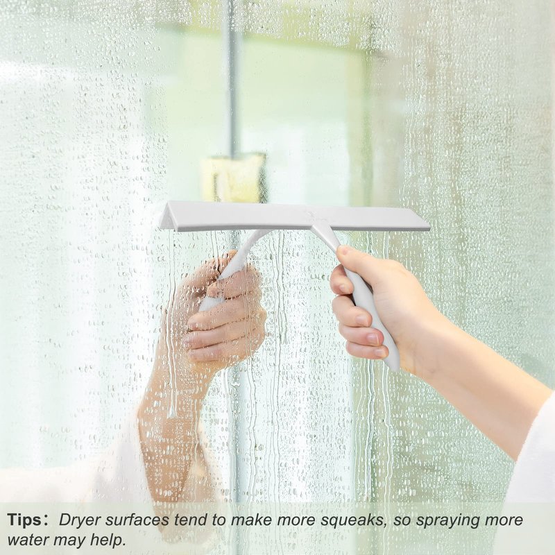 Shower Squeegee for Glass Doors, 11-Inch Silicone Squeegee with Non-Slip Handle and Adhesive Hook for Bathroom, Mirror, Tile, Car Window (White)