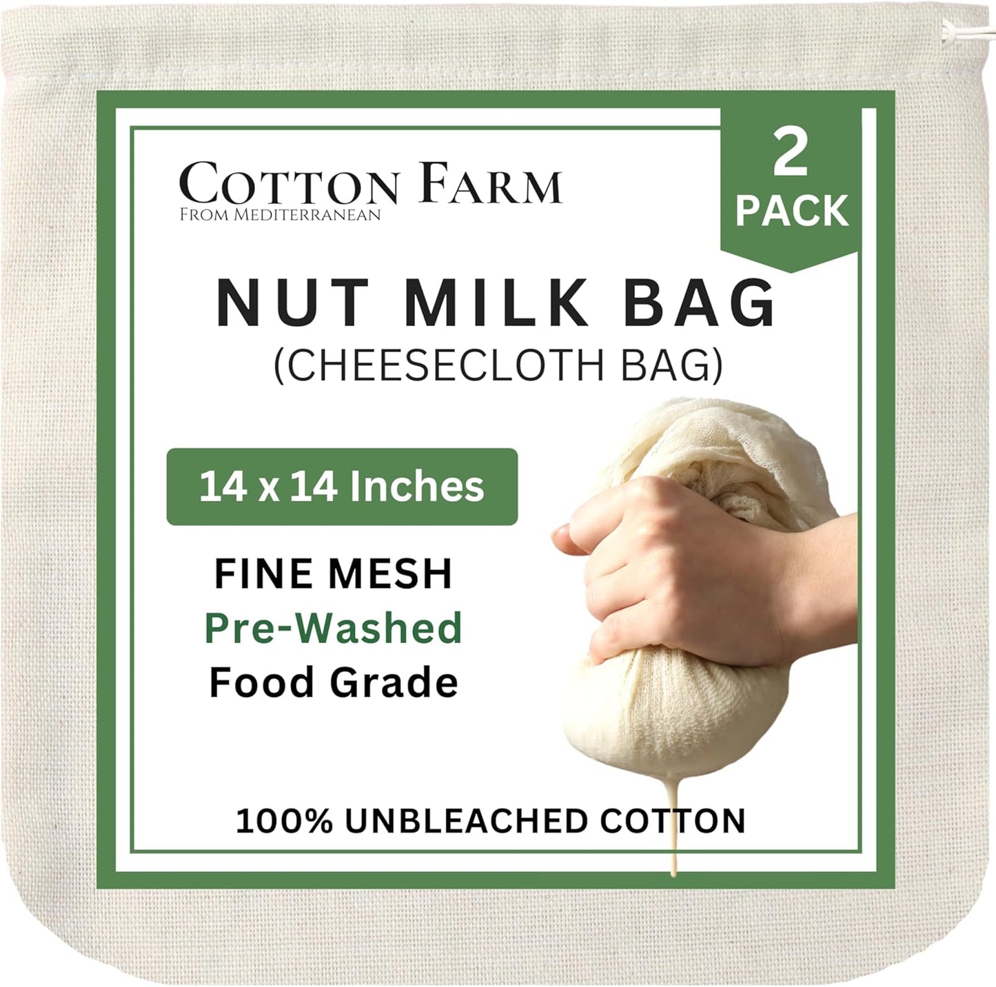 14 14 Inch, 100% Cotton Farm Nut Milk Bag & Cheese Cloth Bag (Ultra Dense), XL Unbleached Cotton Cheesecloth