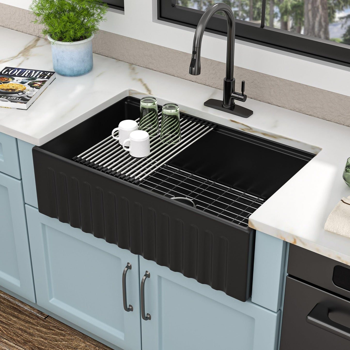 Fulorni 33"x20" Black Farmhouse Sink Workstation – Reversible Apron Front with Ledge, Matte Black Porcelain Ceramic Fireclay Single Bowl Farm Kitchen Sink Basin