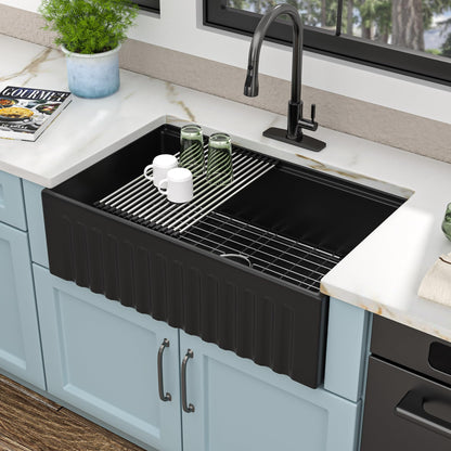 Fulorni 33"x20" Black Farmhouse Sink Workstation – Reversible Apron Front with Ledge, Matte Black Porcelain Ceramic Fireclay Single Bowl Farm Kitchen Sink Basin