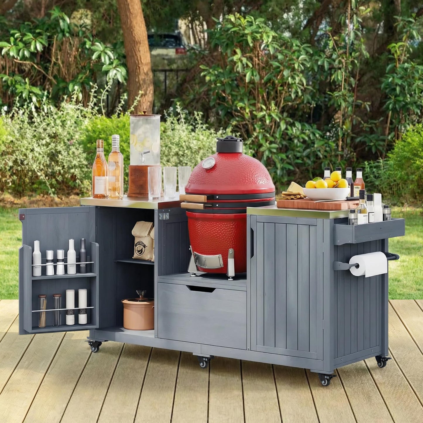 Merax Outdoor Grill Table for Big Green Egg Grills, 66.5" Patio Kitchen Island on Wheels with Stainless Steel Tabletop,Drawer and Spice Rack, Solid Wood Outdoor Storage Cabinet for Backyard, Grey Blue
