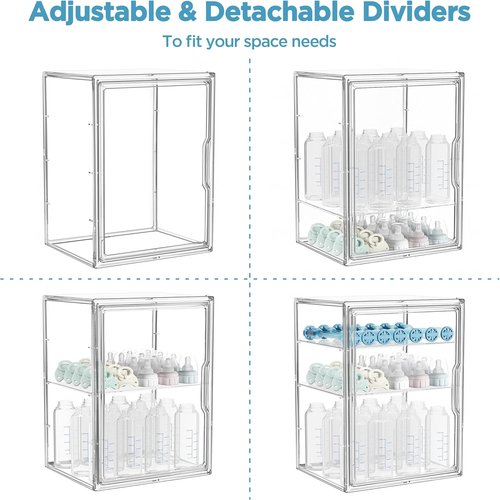 HBlife Baby Bottle Storage Organizer - 3-Tier Adjustable Clear Acrylic Station with Magnetic Door & Dividers | Large