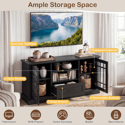 Tangkula Farmhouse TV Stand for TV up to 65 70 Inches, Tall Media Console Table with 2 Glass Storage Cabinets, 1 Drawer & 2 Open Shelves, Wooden Entertainment Center for Living Room (Black)