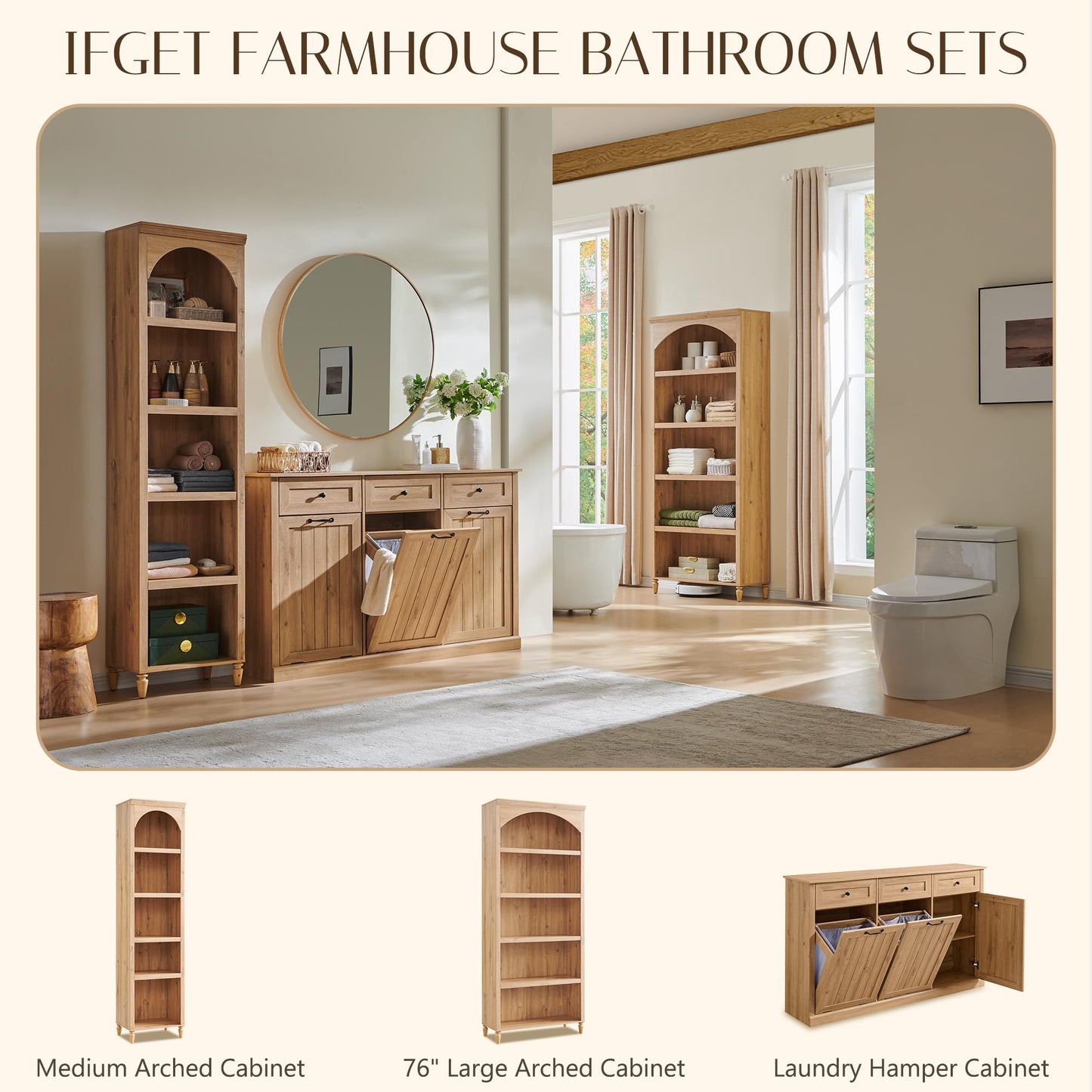 IFGET Triple Tilt Out Trash Can Cabinet, 20 Gallon Farmhouse Laundry Hamper Cabinet w/3 Drawers & Adjustable Shelf, Hidden Wooden Trash Can Cabinets with Storage Basket for Kitchen (Natural)