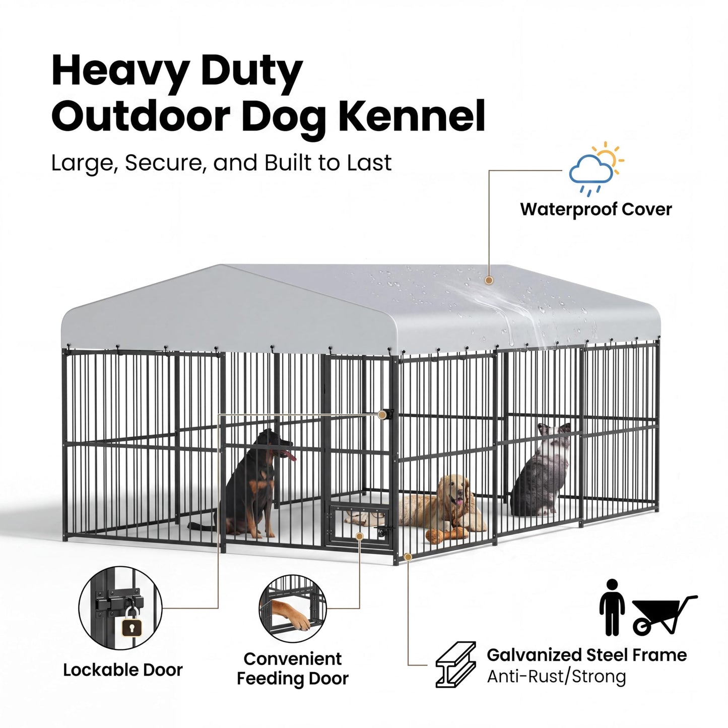 10x15 ft Outdoor Dog Kennel Heavy Duty Metal Dog Run Enclosure with Waterproof Cover & Feeding Door, Large Dog Kennel Outdoor with Lockable Gate for Backyard, Garden, Chicken Coop Run