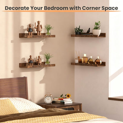 Upsimples Floating Wall Shelves - Set of 6 Decorative Wood Shelves for Bedroom, Living Room, Kitchen | Brown
