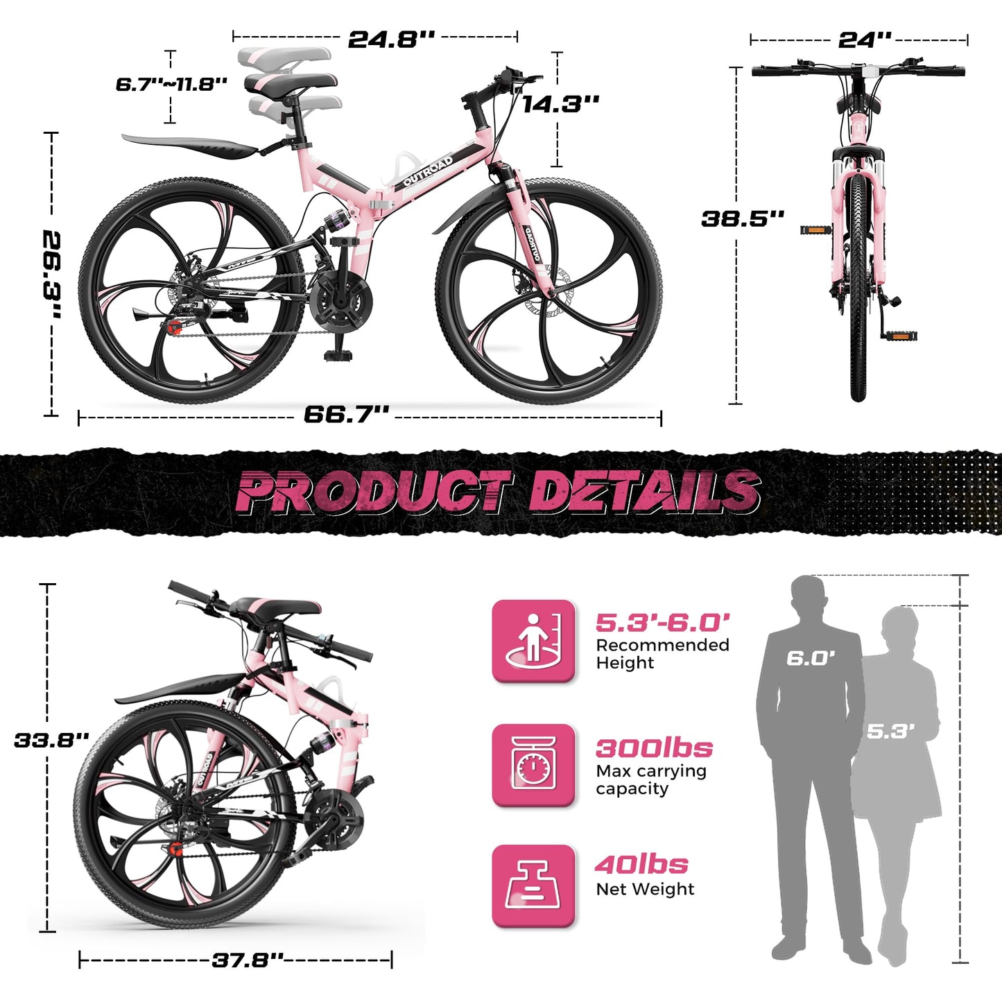Outroad 26 Inch Folding Mountain Bike for Adults/Men/Women, 21 Speed Full Suspension High-Carbon Steel MTB Foldable Bicycle, Dual Disc Brake Non-Slip Folding Bikes, Pink