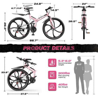 Outroad 26 Inch Folding Mountain Bike for Adults/Men/Women, 21 Speed Full Suspension High-Carbon Steel MTB Foldable Bicycle, Dual Disc Brake Non-Slip Folding Bikes, Pink