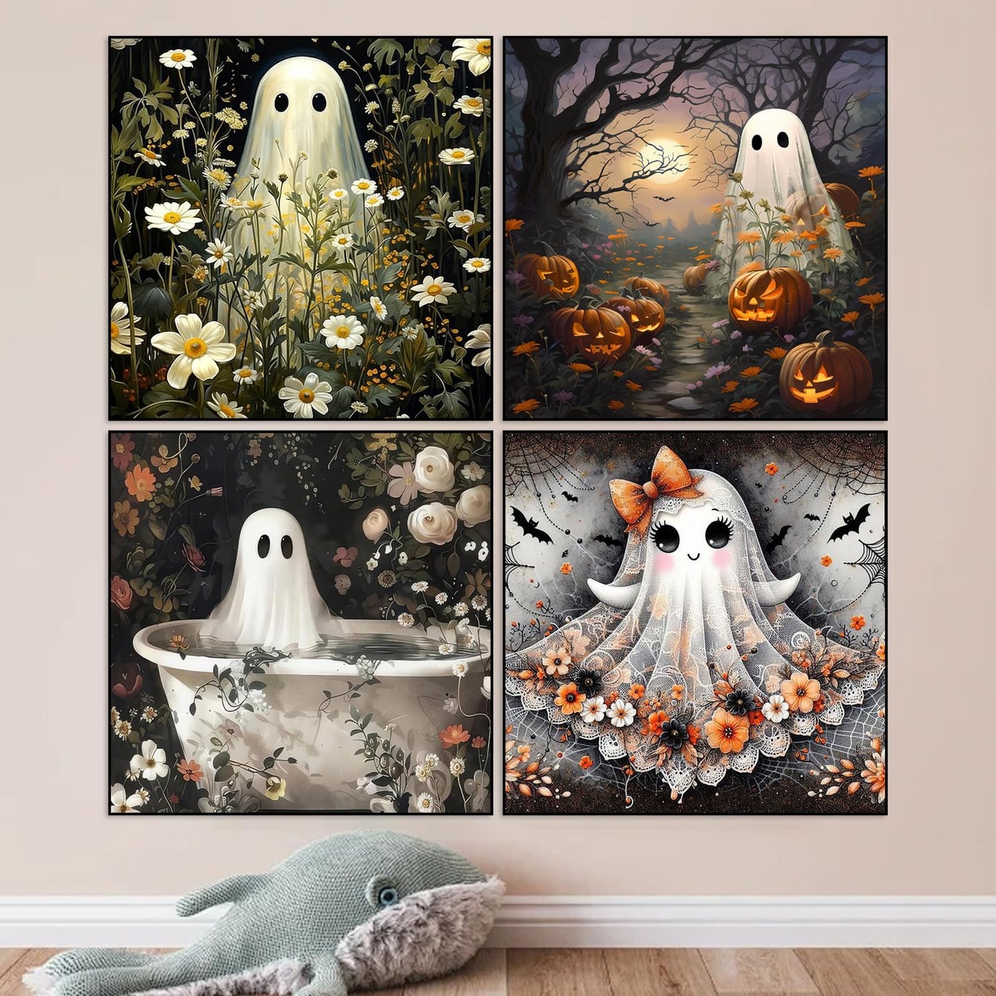 4 Pack Halloween Diamond Art Kits for Adults Beginner, Ghost DIY Modern Diamond Painting Kits 5D Diamond Dots Gem Art Crafts with Tools,Round Full Drill Funny Crafts for Women's hobbies-12x16inch
