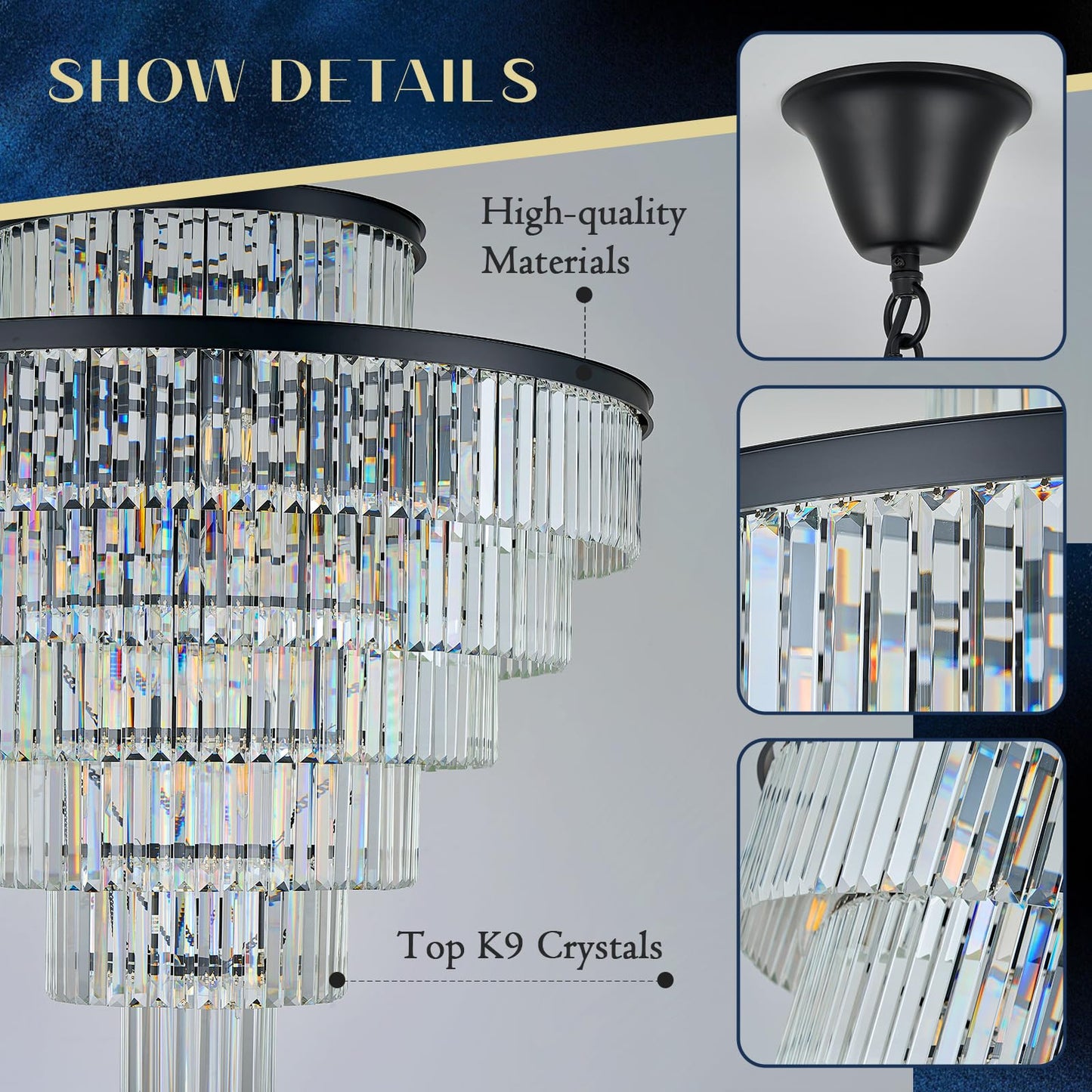 MERINEA Large 40" Black Crystal Chandelier 28 Lights Modern Round Chandeliers for Staircase Luxury 7-Tier K9 Crystal Ceiling Pendant Light Fixture for High Ceiling Living Room Foyer
