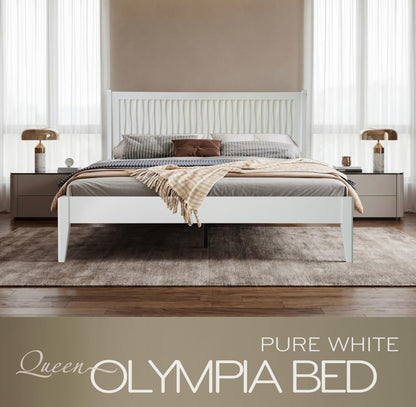 Queen Size Solid Wood Platform Bed Frame with Headboard and Footboard, Noise-Free & Anti-Slip Design, Center Metal Legs, 12 Heavy-Duty Slats, No Box Spring Needed, Pure White Finish, OLQ-39
