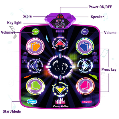 Kusntin Dance Mat, Dance Mixer Rhythm Step Play Mat, Pink Dance Pad with LED Lights, Adjustable Volume, Built-in Music, 5 Game Modes, Xmas Birthday Gifts for 3-10 Years Girls Toys (Purple-Black)
