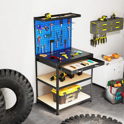 Goplus Workbench with Drawer, 32" x 16" Heavy-Duty Work Table with 2 PCS Pegboard & 4 Shelves, 19 Hanging Hooks, 495LBS Capacity, Metal Tool Storage Work Bench for Garage, Workshop, Home