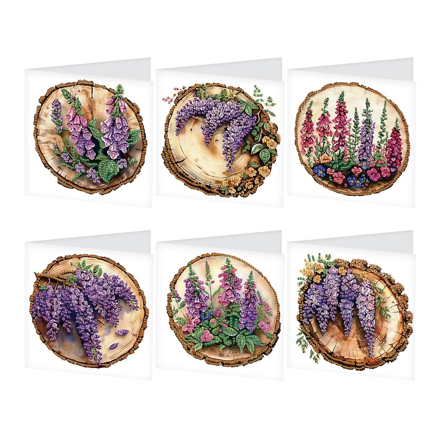 SHEGZHUC 6 Pack Diamond Painting Gift Card Lilacs Tree Stump, Diamond Art Kits for Adults Flowers Purple, Birthday Wedding Anniversary Greeting Get Well Congratulations Thank You Cards with Envelopes