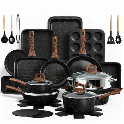 Pots and Pans Set Non Stick, 31 Piece Kitchen Induction Cookware & Bakeware Set, Nonstick Kitchen Cooking Pans Set with Frying Pans Set Grill Pan Saucepan Baking Sheet & Utensils, PFOA Free