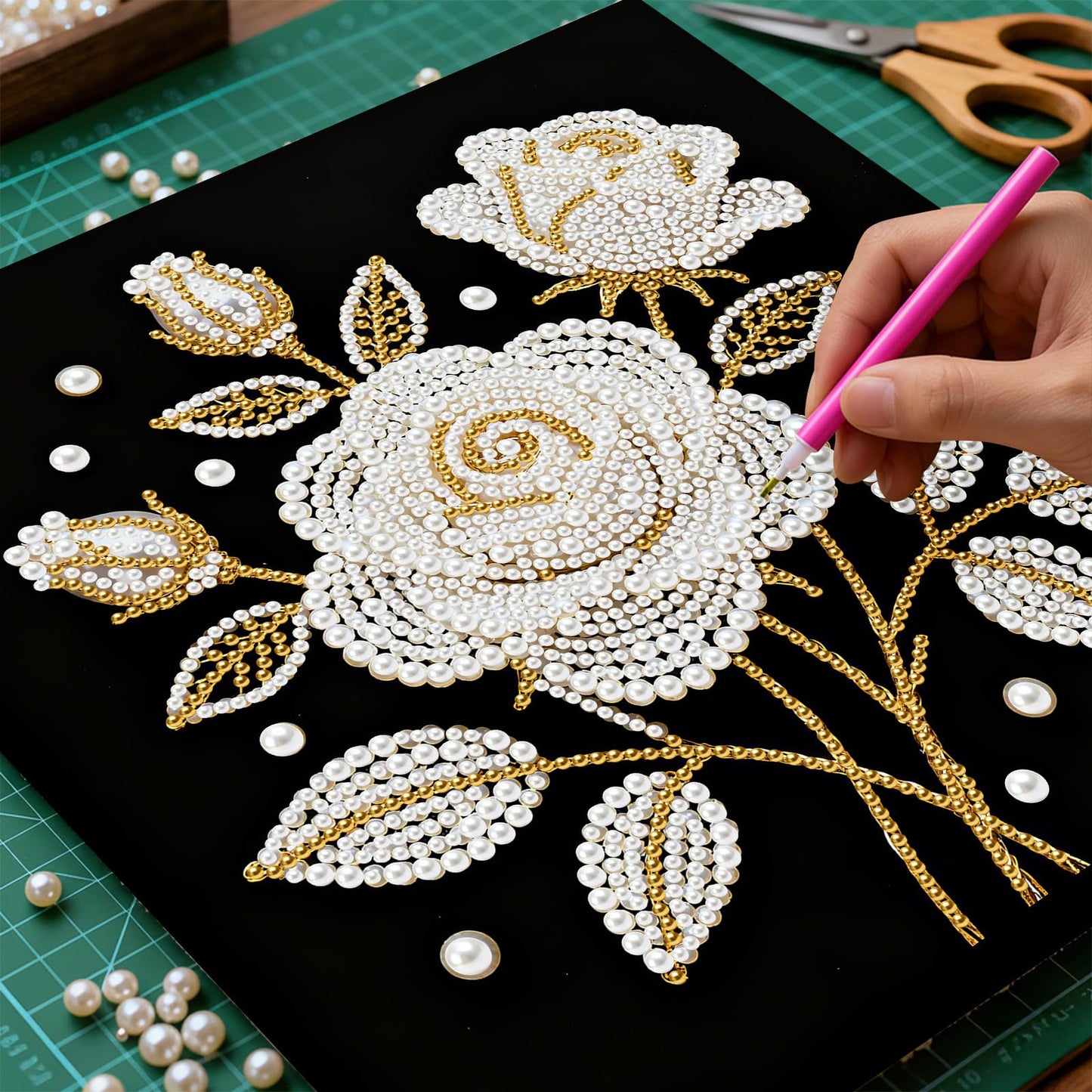 yzARTche Diamond Art Pearl Painting Kit, DIY Pearl Art Painting with Black Frame, Handmade Gem Dot Picture Craft for Home Wall Decor Present Set-21-Rose