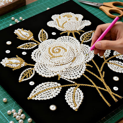 yzARTche Diamond Art Pearl Painting Kit, DIY Pearl Art Painting with Black Frame, Handmade Gem Dot Picture Craft for Home Wall Decor Present Set-21-Rose