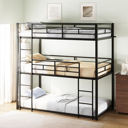 JOYMOR Triple Bunk Bed Twin Over Twin Over Twin, Metal 3 Bunk Bed for Kids, Teens and Adults, Heavy Duty Triple Bed Frame with Safety Guardrail, No Box Spring Needed