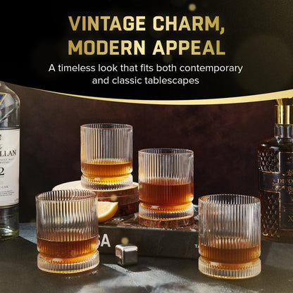 VUNDO Ribbed Whiskey Glasses Set of 8, 12 Oz Lead-Free Crystal Heavy Base Barware Glass, Perfect for Bourbon Rocks Cocktail Scotch Drinking