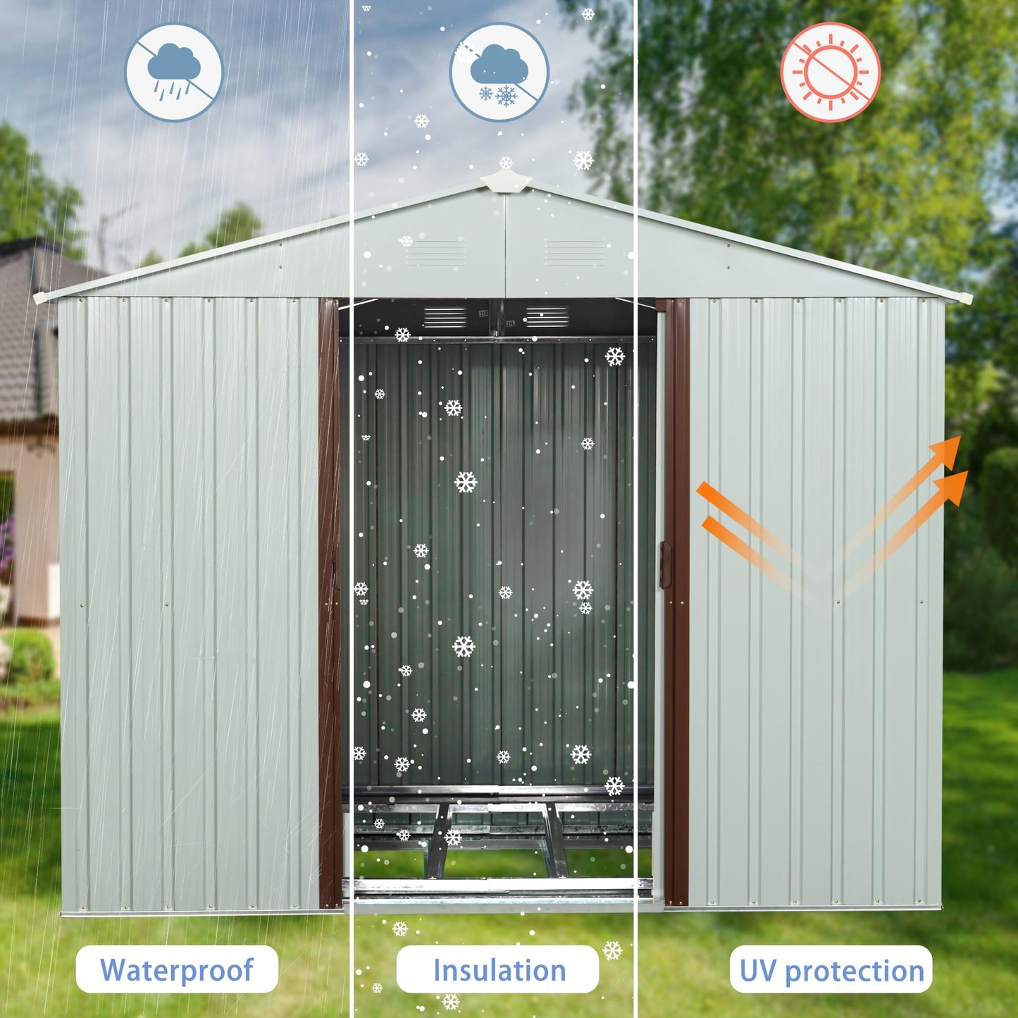 Favfurish 8 x 4 FT Outdoor Storage Shed with Side Window, Metal Garden Shed w/Sliding Doors & Lock, Floor Base and Air Vents, Utility Tool Storage House for Backyard Lawn, White