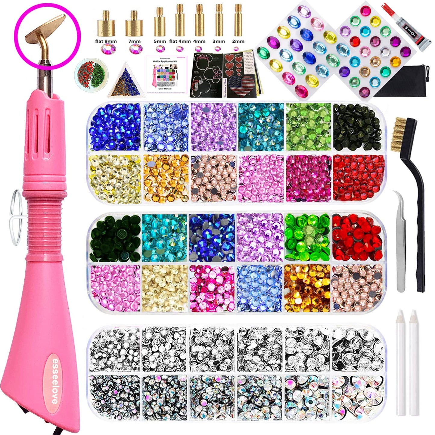 esseelove Bedazzler Kit with Rhinestones, Hotfix Applicator Tool, DIY Hot Fix Rhinestone Bedazzling kit, 3560 Rhinestones for Crafting, Crystal AB, Clear, 14 Colors, w/Self-Adhesive Gems