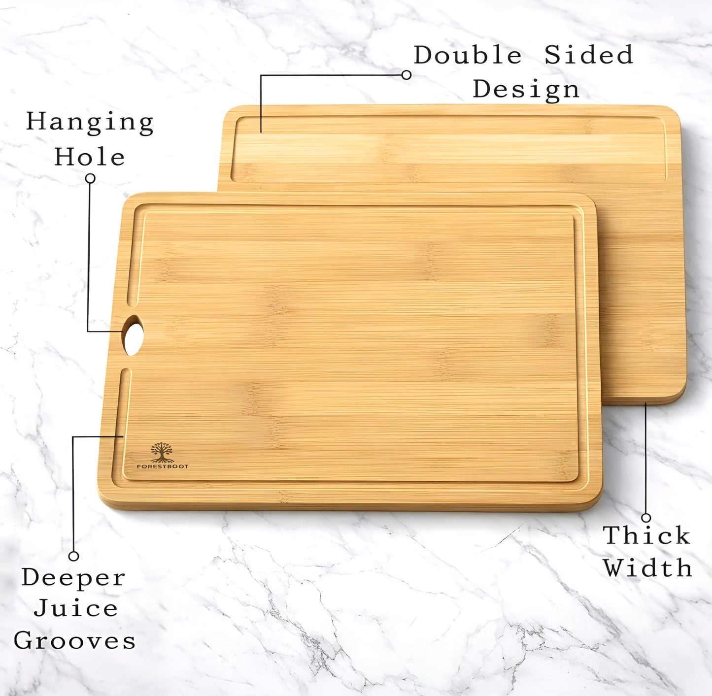 Forestroot Bamboo Cutting Board Set – 3-Piece Natural Bamboo Boards with Deep Juice Grooves & Hanging Holes, Eco-Friendly Wooden Cutting Boards for Kitchen, Perfect for Chopping Meat, Bread & Fruits