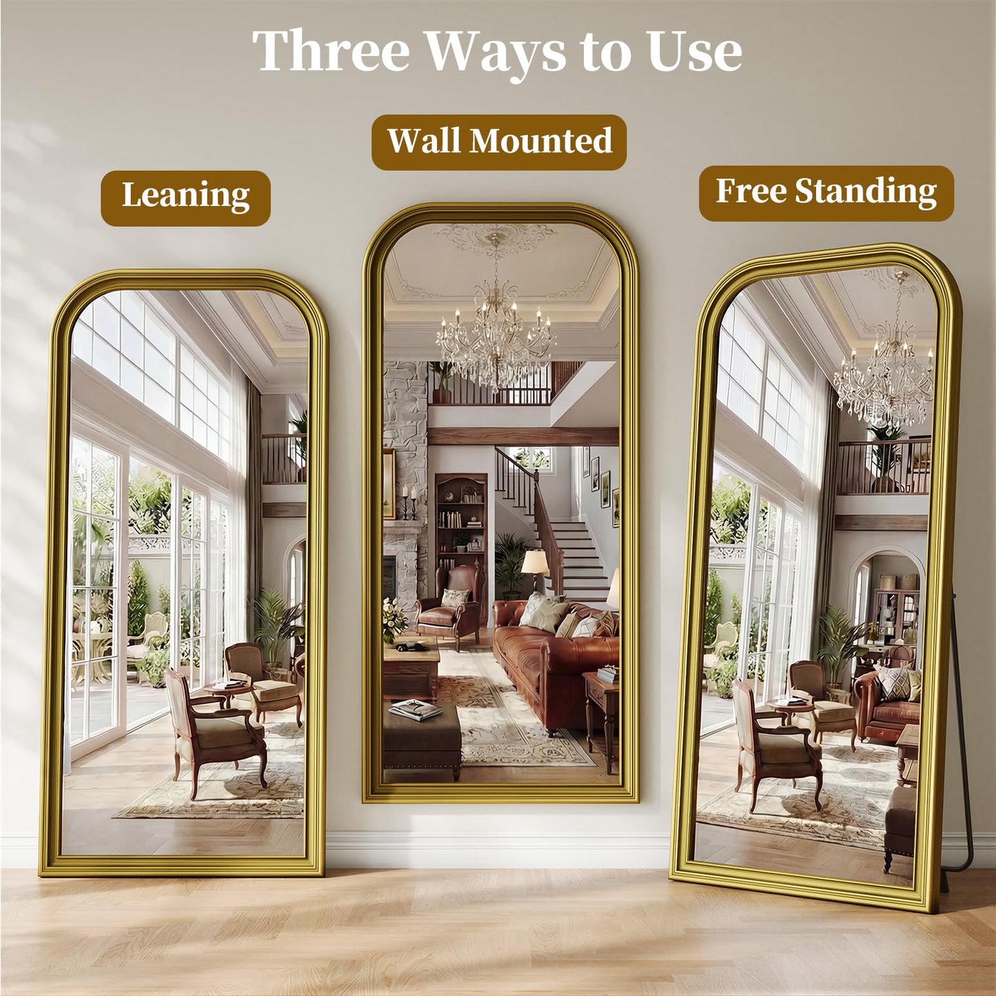 FlyEcho Full Length Mirror with Stand, 71"x32" Full Body Mirror, Floor Length Mirrors Wall Mounted with Rounded Top, Large Standing Mirrors, PU Frame, for Bedroom Living Room Cloakroom, Antique Gold