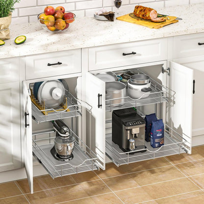 WelFurGeer 2-Tier Kitchen Cabinet Pullout Shelf and Drawer Organizer, Soft Close Pantry Pull Out Shelves, Heavy Duty Pull Out Cabinet Organizer with Shelf Liner for Kitchen Cabinets, Pantry Storage