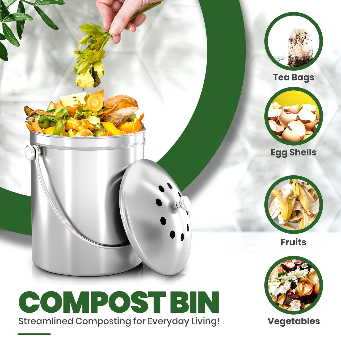 Utopia Kitchen Countertop Compost Bin Kitchen with Charcoal Filter -1.3gallon Stainless Steel Kitchen Compost Bin Countertop - Ideal Kitchen Essentials or Small Composter for Under The Sink Trash