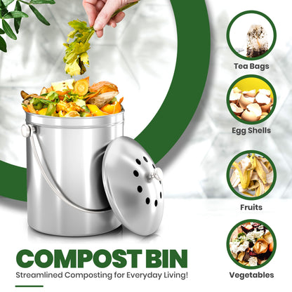 Utopia Kitchen Countertop Compost Bin Kitchen with Charcoal Filter -1.3gallon Stainless Steel Kitchen Compost Bin Countertop - Ideal Kitchen Essentials or Small Composter for Under The Sink Trash