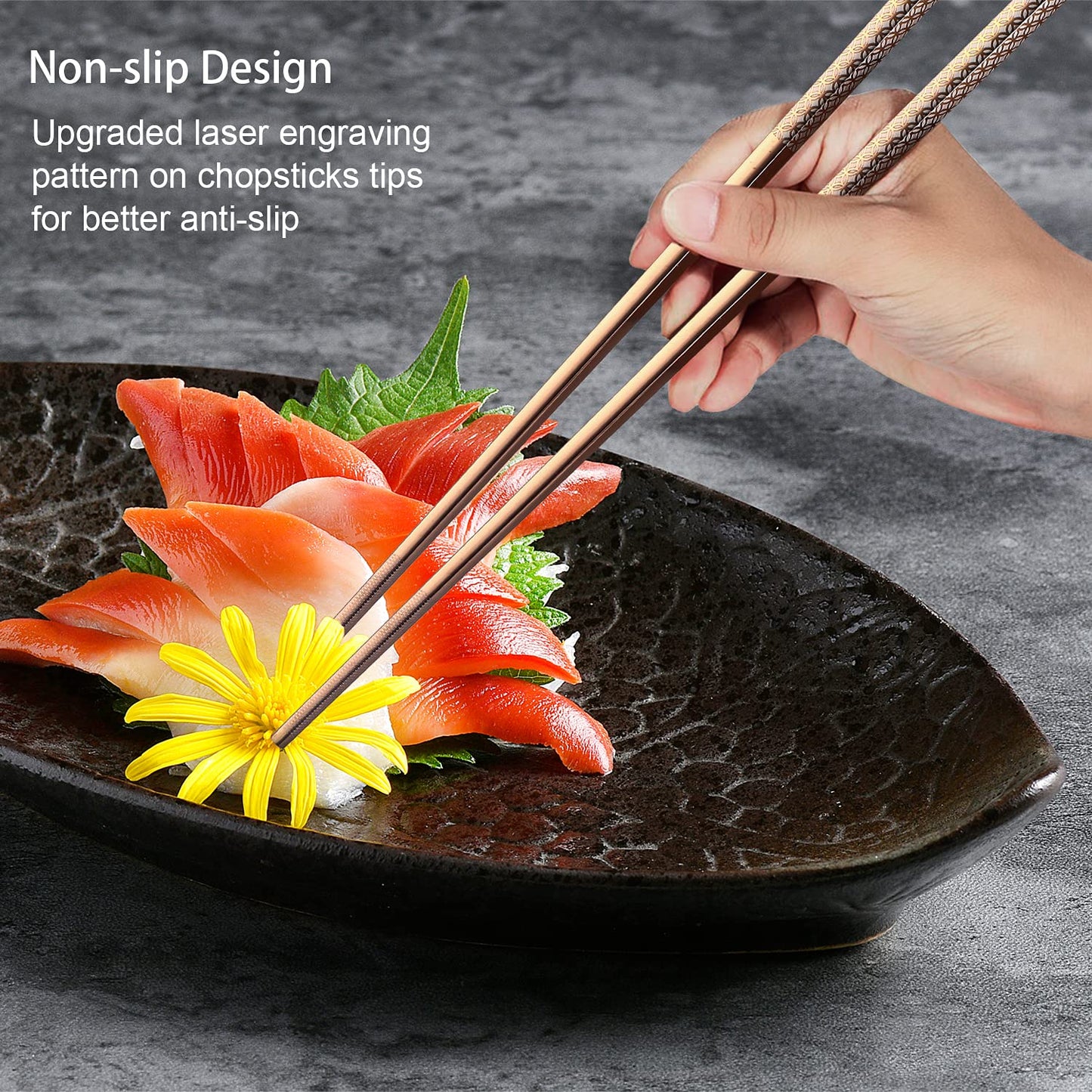 Metal Chopsticks Reusable Multicolor Stainless Steel Chopsticks Dishwasher Safe Chop Sticks Laser Engraved Copper Coin Pattern Square Non-slip, 9 1/4 Inches 5 Pairs Gift Set