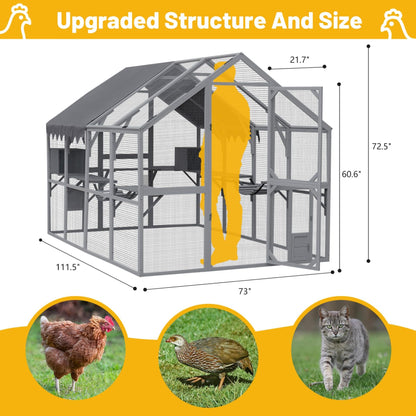 KEIKI 110"L Outdoor Large Chicken Coop with Waterproof Cover, Roosting Platform, Wire Mesh & 2 Lift Small Doors with Locks, Wood Chicken Coop House with Run for Cat Kitten Playpen, Duck, Rabbit, Quail