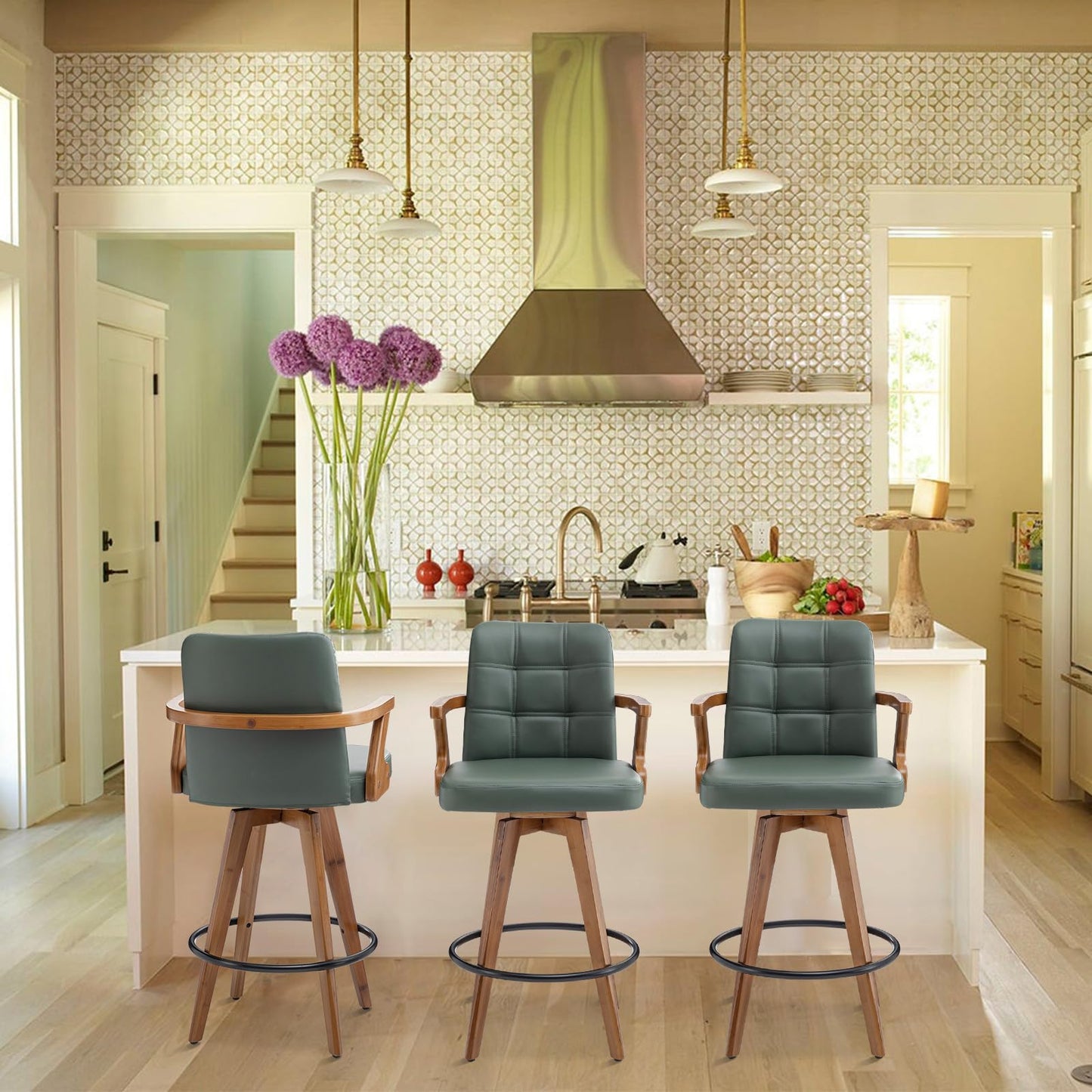 MEKLIBA 30” Bar Height Bar Stools,Leather Upholstered Bar Chair, Swivel Bar Stools with Back and Arms，Modern Barstool Set of 2 for Kitchen Island (Green)
