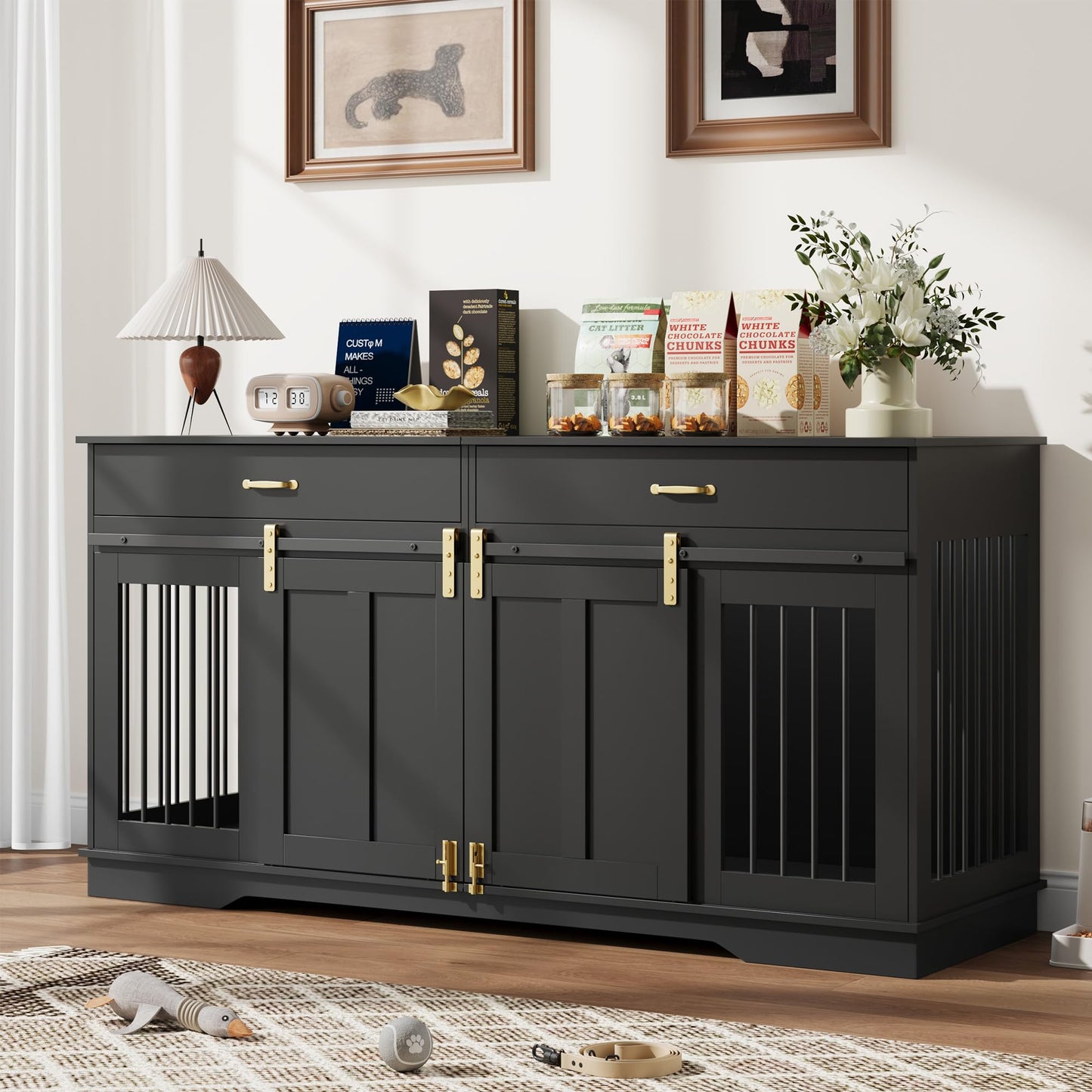 GarveeHome 71'' Double Wooden Dog Crate Furniture for 2 Dogs, with Removable Divider, Sliding Door & 2 Drawers, Decorative TV Stand for Living Room, Fits Small Medium Large Dogs
