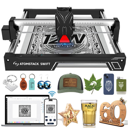 ATOMSTACK Swift Laser Engraver for Beginners, 12000mW Output Laser Cutter, Laser Class 4, 300×300mm Working Area, 0.08mm Accuacy Engraving Machine for Wood, Leather, Coated Metal, Acrylic (Swift 12W)