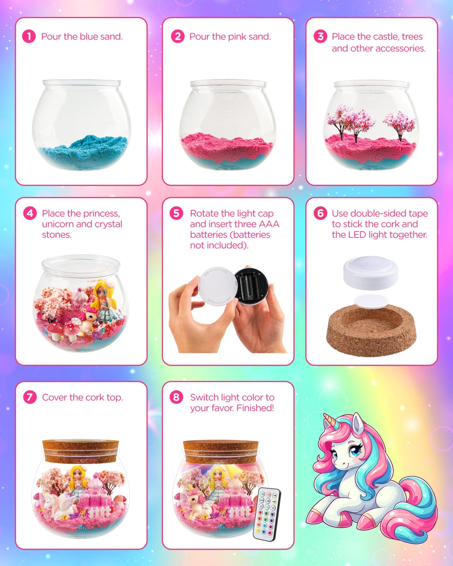 D-FantiX Princess Light Up Terrarium Kit for Kids, Unicorn Toys for Girls Age 4-6-8-10, Led Night Light Birthday Gifts for Girls 4 5 6 7 8-12 Year Old, DIY Arts and Crafts, Easter Basket Stuffers