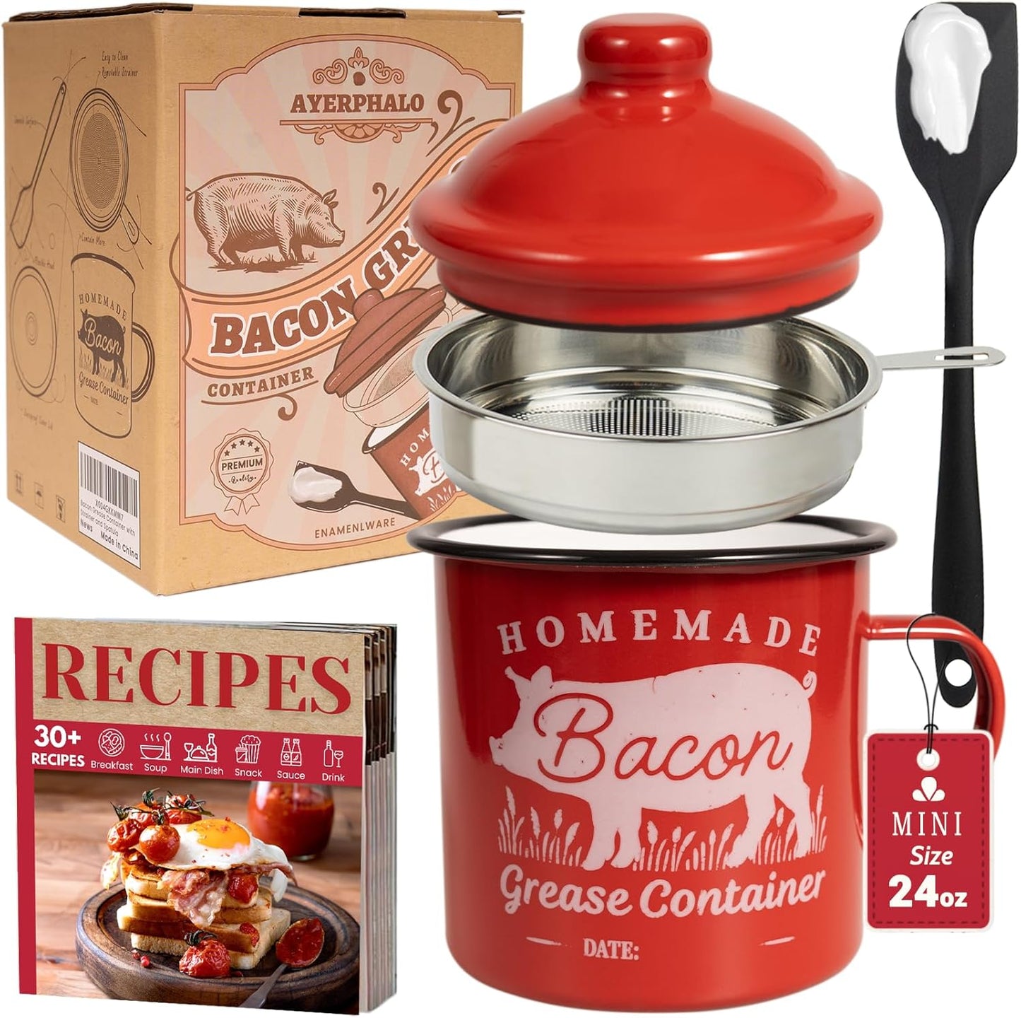 24oz Ayerphalo Bacon Grease Container with Strainer - With Food-Grade Silicone Spatula, Enamel Rustic Farmhouse Fat