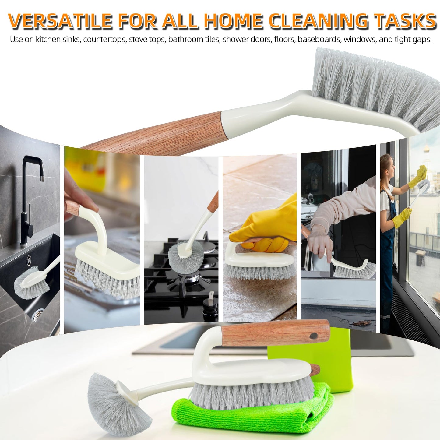 Attoshow 5-Pack Heavy Duty Scrub Brushes Set with Wooden Handles, Multi-Surface Scrubber for Kitchen, Bathroom, Tile & Grout, Includes Spherical, Triangle, Square & Dish Brush for Stubborn Stains