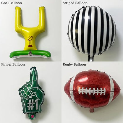 140PCS Football Party Balloon Arch Kit – Game Day Decorations with Football Foil Balloons, Referee Stripe Balloons, #1 Hand Balloons & Field Goal Post, Green Brown Black Balloon Garland