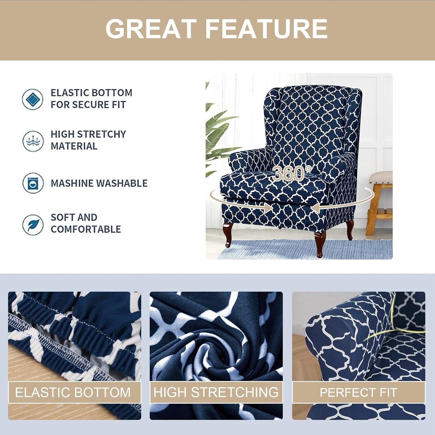 2 Eco-Ancheng Wingback Chair Slipcover Piece Wingback Chair Cover Spandex Wing Chair Slipcovers Wingback Armchair