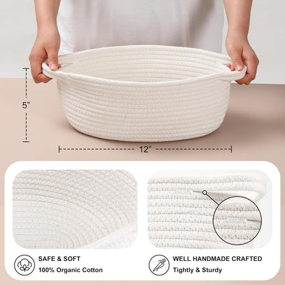 Skiennix 2-Pack Small Woven Baskets - Decorative Cotton Rope Storage Bins with Handles | 12"x8"x5", White