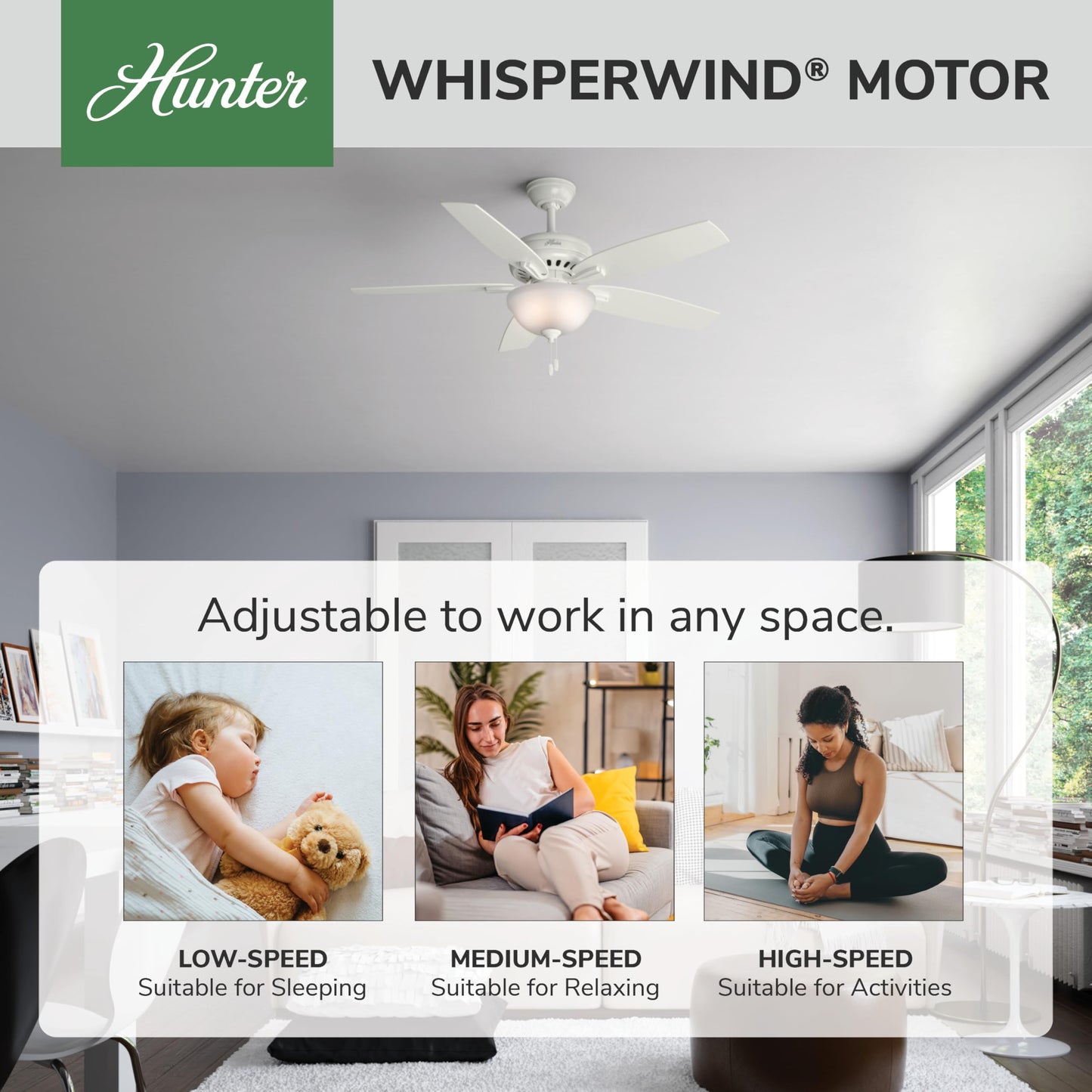 Hunter 52 inch Indoor Ceiling Fan with LED Light - White Ceiling Fan with Pull Chain, For Bedroom or Living Room, Standard Mount, No Remote, 5 Blades, Includes Bulbs - Newsome 53310, Fresh White
