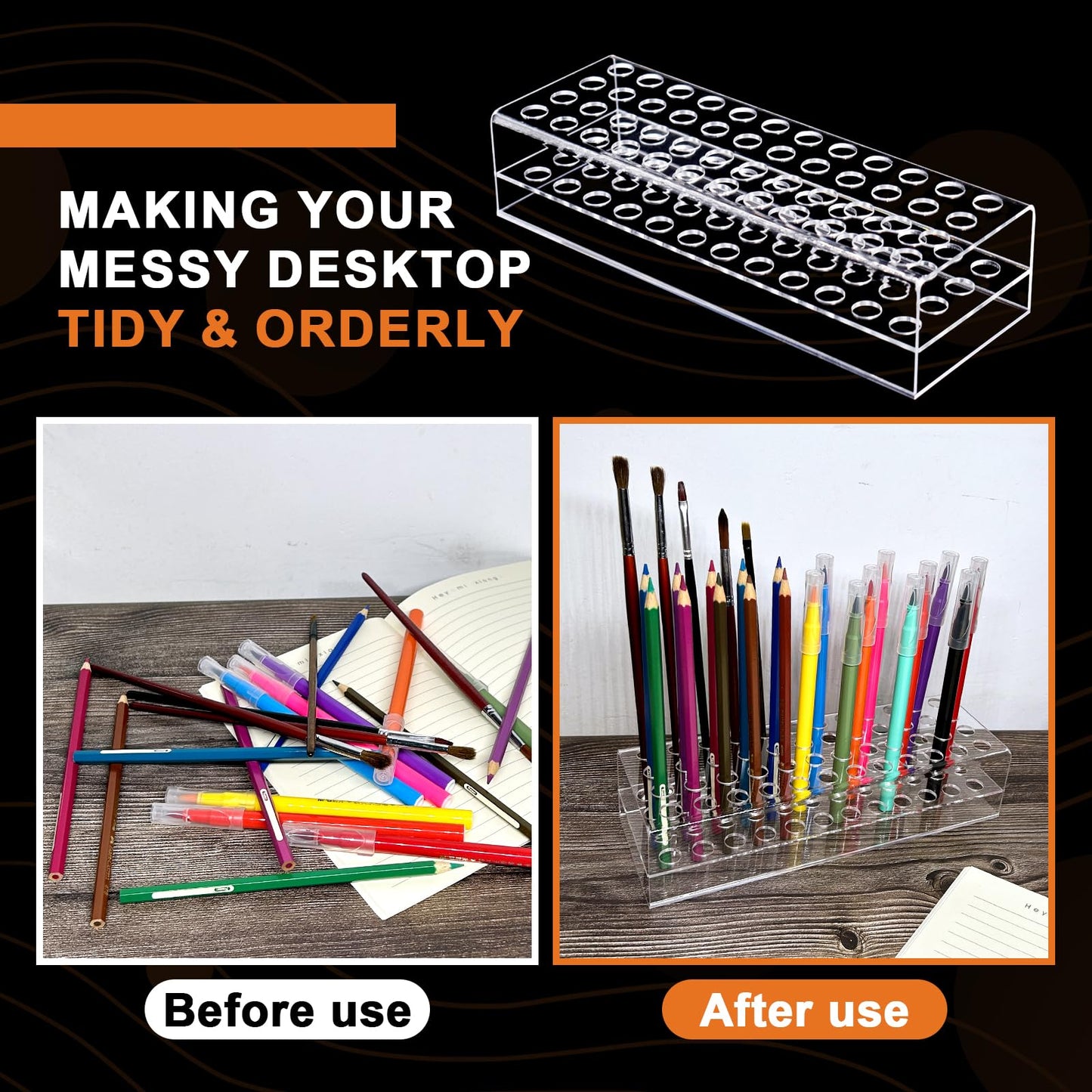 HESHUYU Acrylic Pen Display Holder - 48-Slots 12mm Stand for Art Paint Brush, Makeup Brush - Clear Pencil Display Rack for Desk