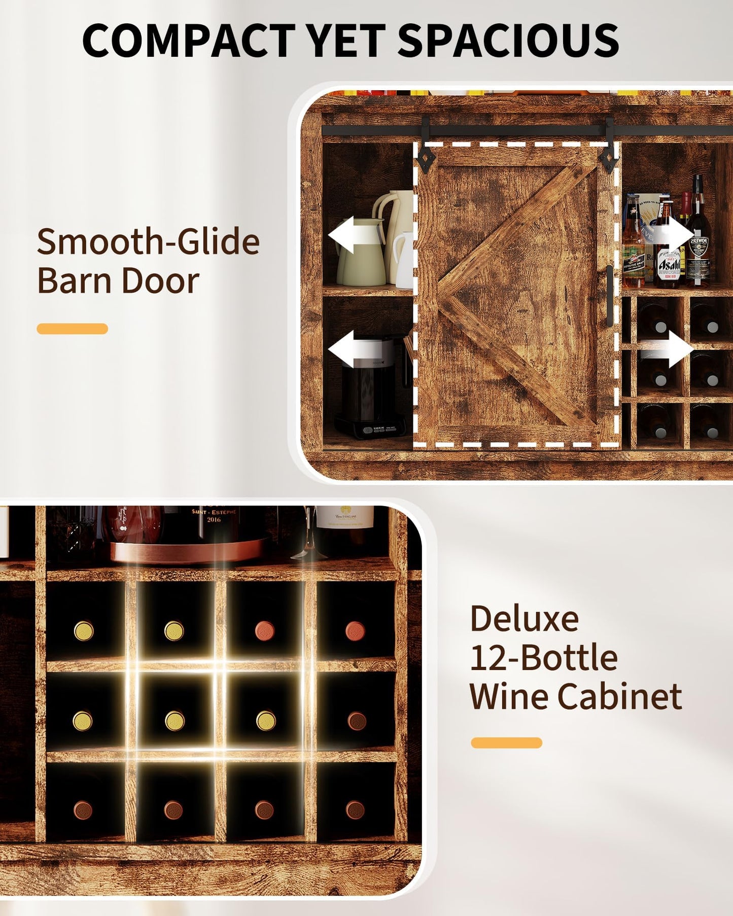 55 in Farmhouse Coffee Bar Cabinet with 3-Mode LED Light and Power Outlet - Large Kitchen Hutch with Sliding Barn Door - Wine Cabinets with Storage Drawers and Wine Glass Rack for Home and Living Rome
