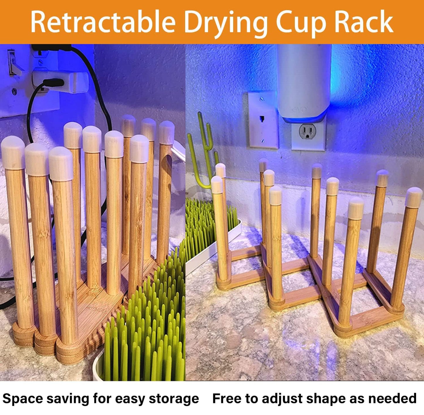 Cyauatt Bamboo Retractable Bottle Drying Rack Cup Dish Drying Racks,Sports Water Bottle and Mug Drainer Stand, Plastic Bag Dryer Rack and Multifunctional Drying Rack for Kitchen Countertop