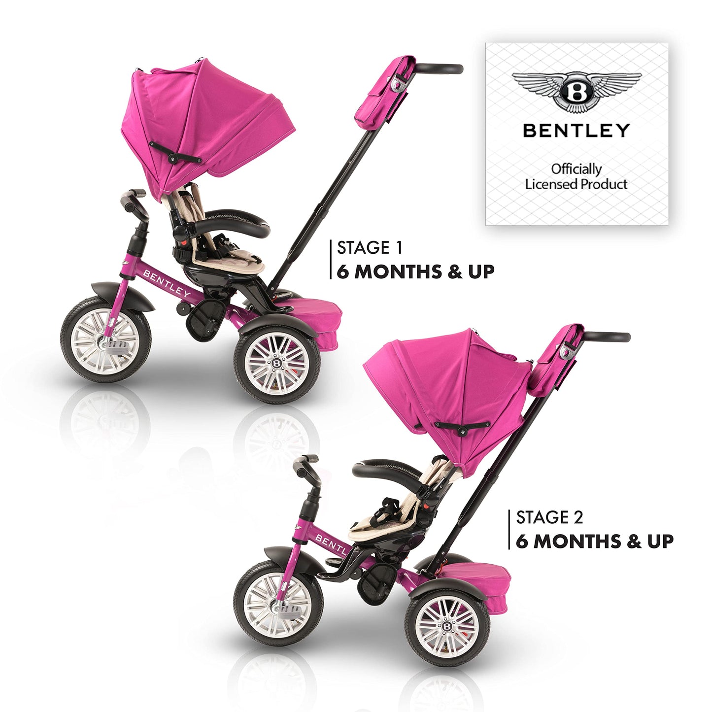 Bentley 6-in-1 Baby Stroller & Toddler Tricycle – Officially Licensed Luxury Kids Bike, Convertible Travel Strollers & Kid Trike with Air Wheels, Canopy & Safety Features (6m-5y+ | Fuschia Pink)