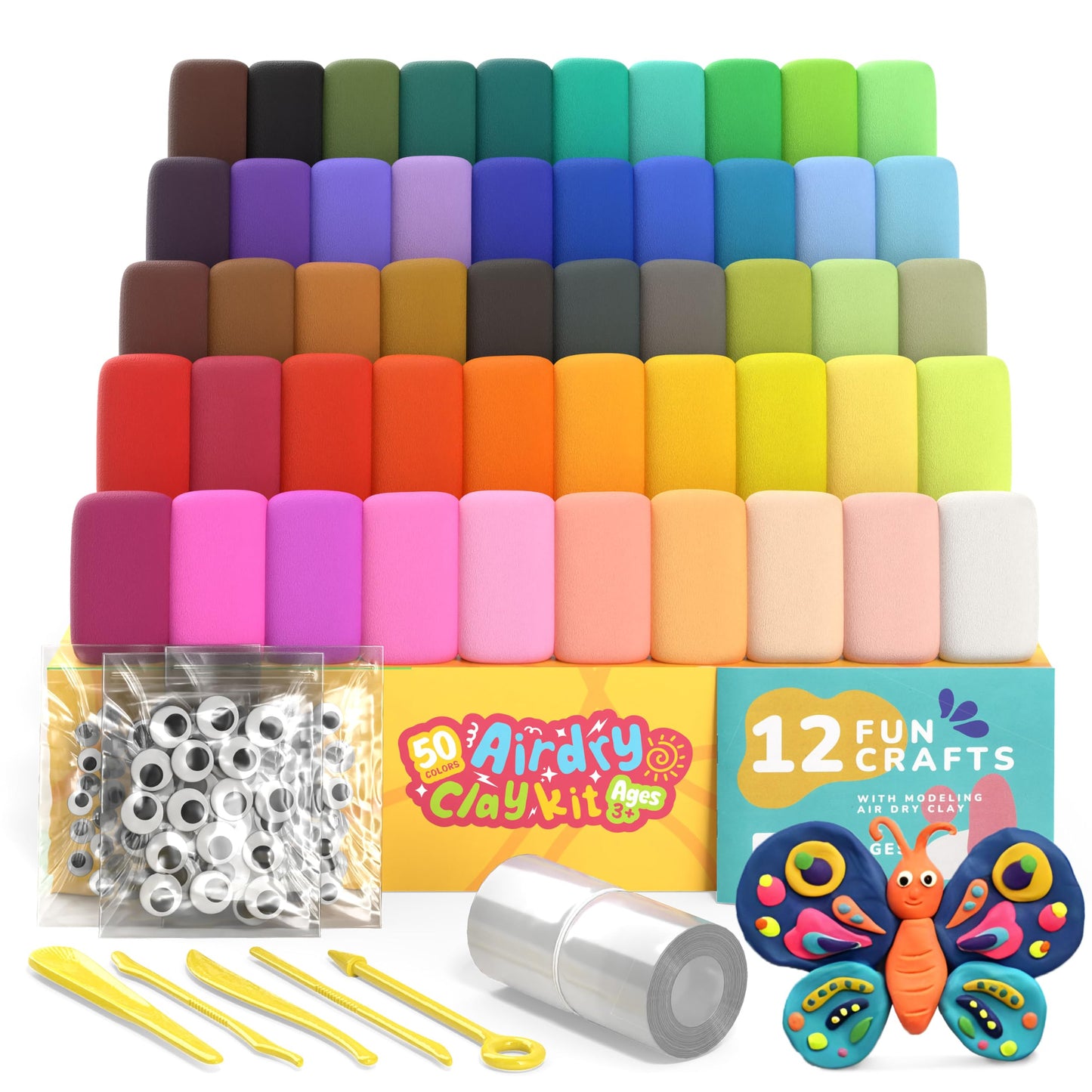 Air Dry Clay for Kids & Adults - Magic Modeling Clay Kit: 50 Vibrant Colors, 100 Googly Eyes, Soft & Safe Material - Creative Fun Arts and Crafts Set