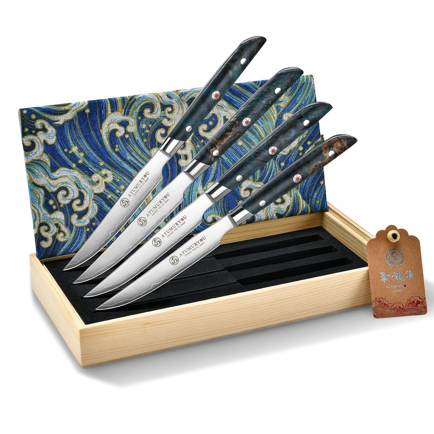 Steak Knives Set of 4, 5 inch Handcrafted Japanese VG10 Steel Kitchen Steak Knives, Non Serrated Meat Knife with Ergonomic Stabilized Wood Handle & Luxurious Wood Box, Cooking Gifts for Men Women